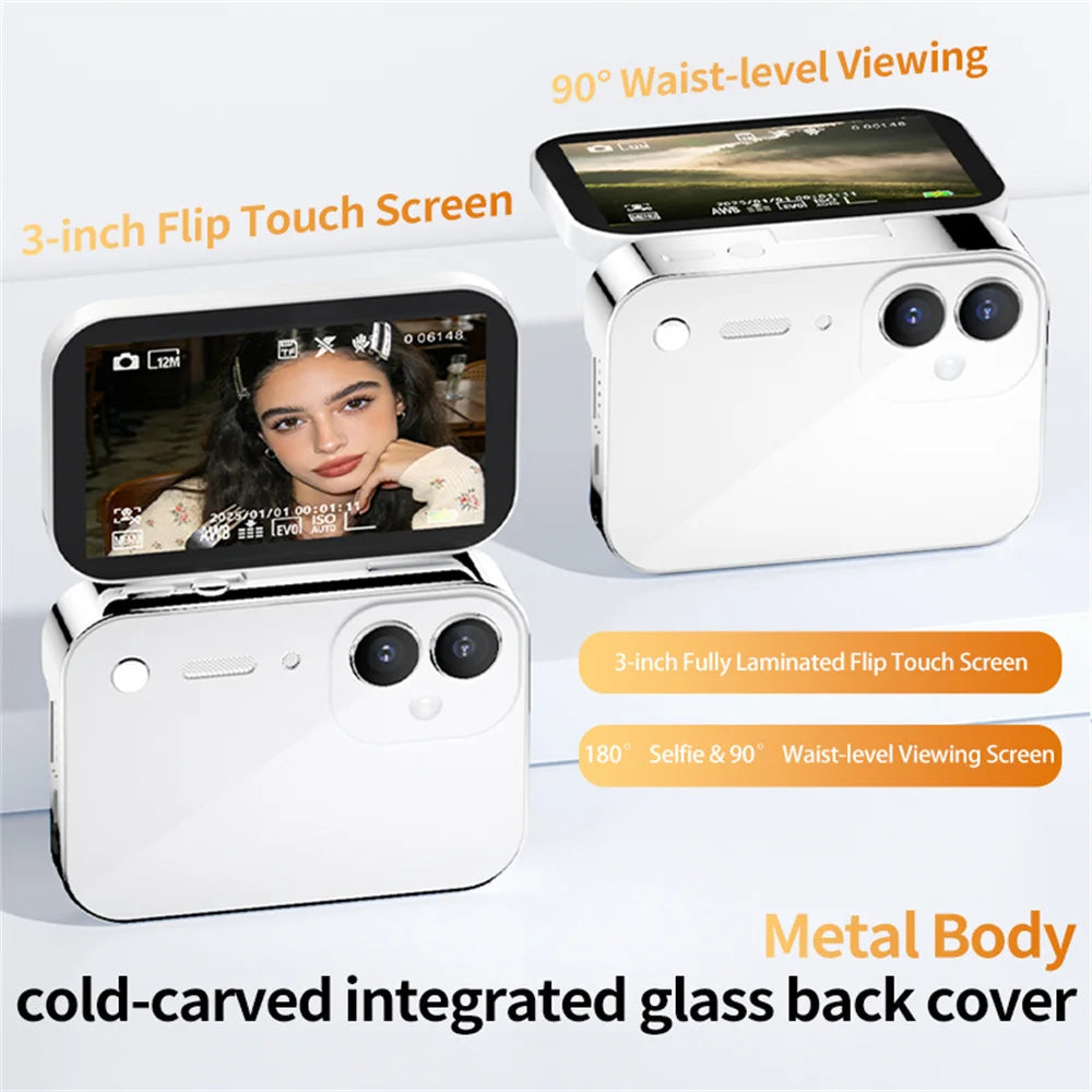 D28S 64MP 4K Digital Camera Dual Lens 3 Inch Flip Touch Screen CCD Camera with Beauty Filters (without TF Card) - Black - 4