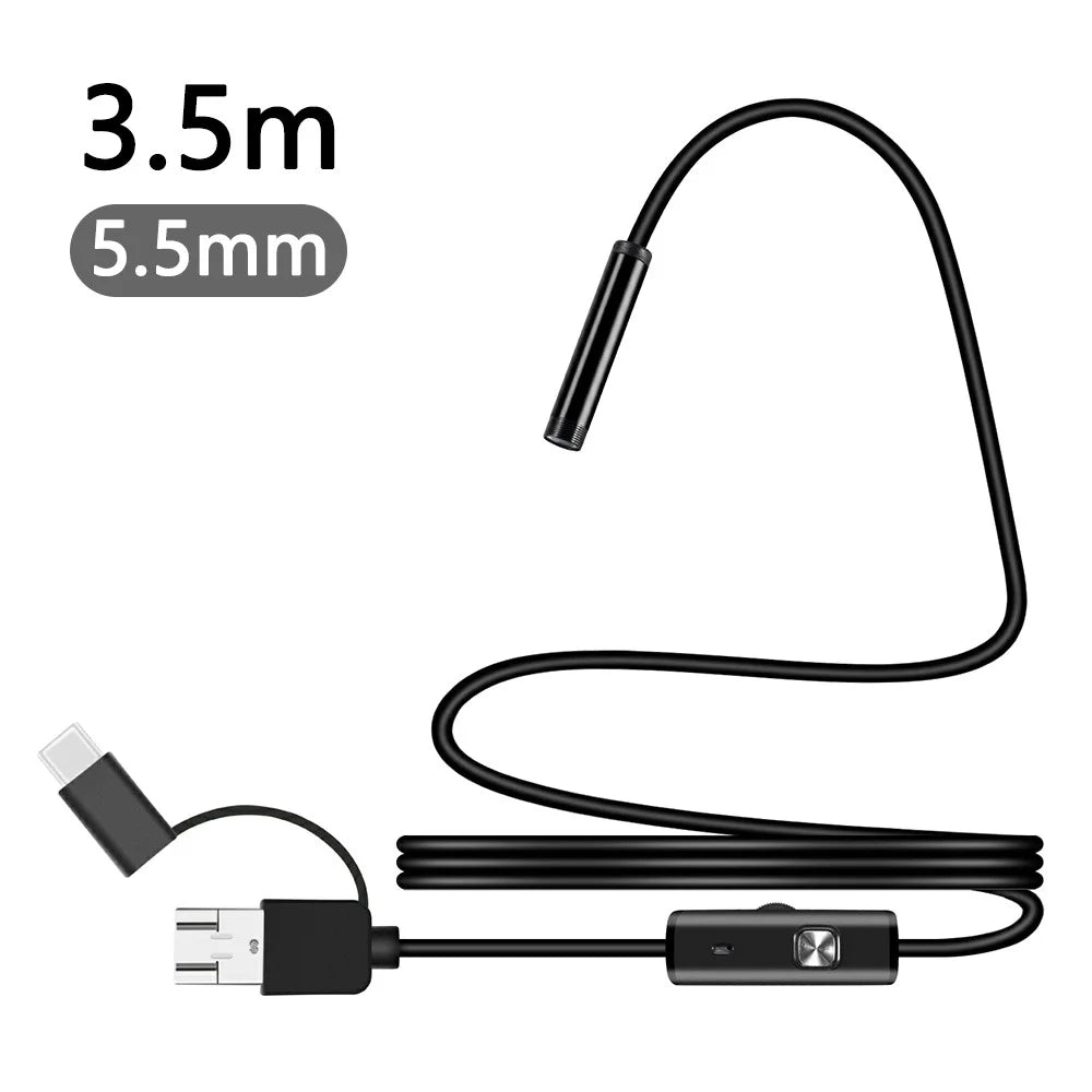 Y1002 3.5m Hard Wire 5.5mm Camera Lens Inspection Endoscope Type-C+USB+Android Phone Borescope - 1