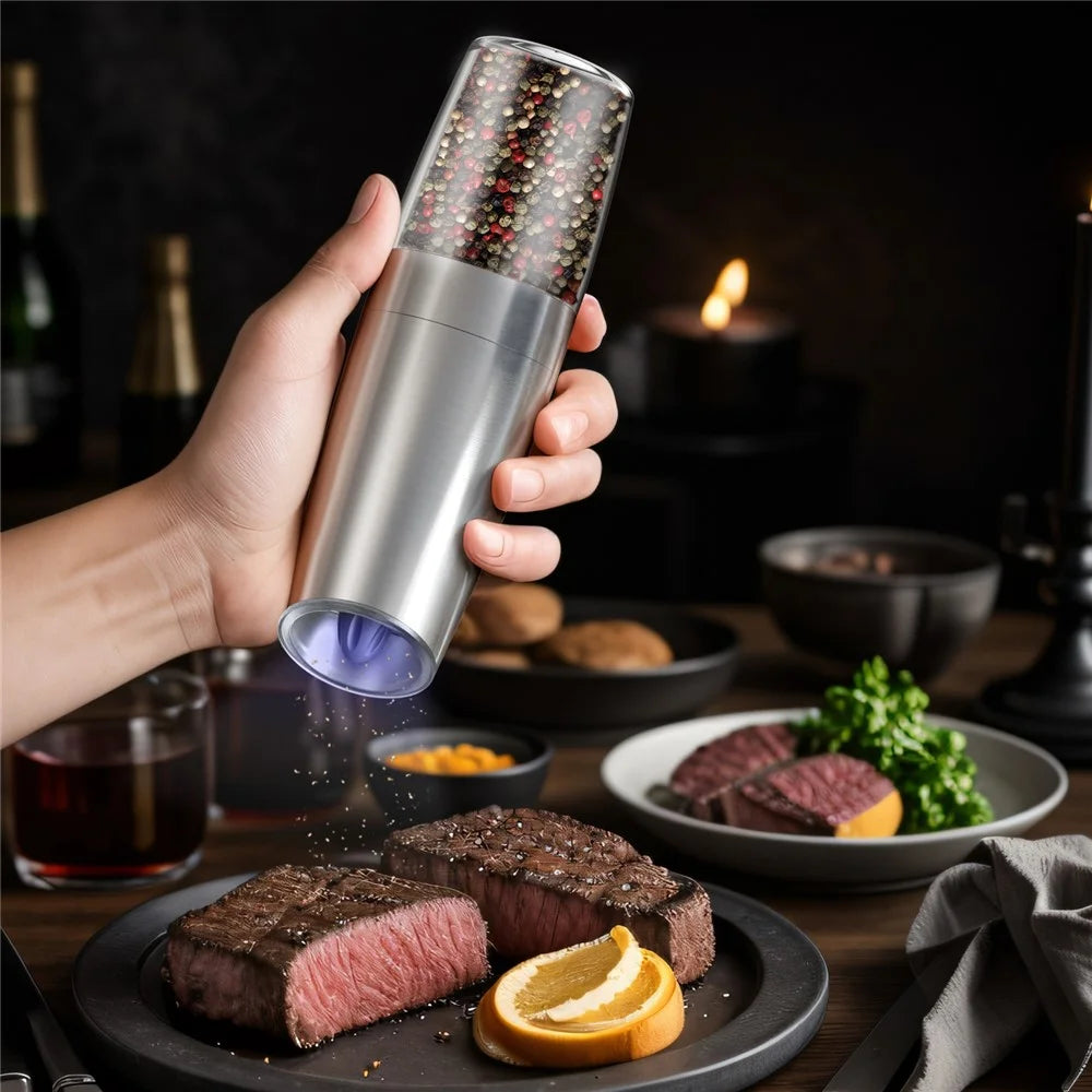 KLT DGS-KYMQ-53B 2Pcs Battery Powered Gravity Sensing Stainless Steel Electric Pepper Grinder (BPA Free, No FDA Certification) - 2