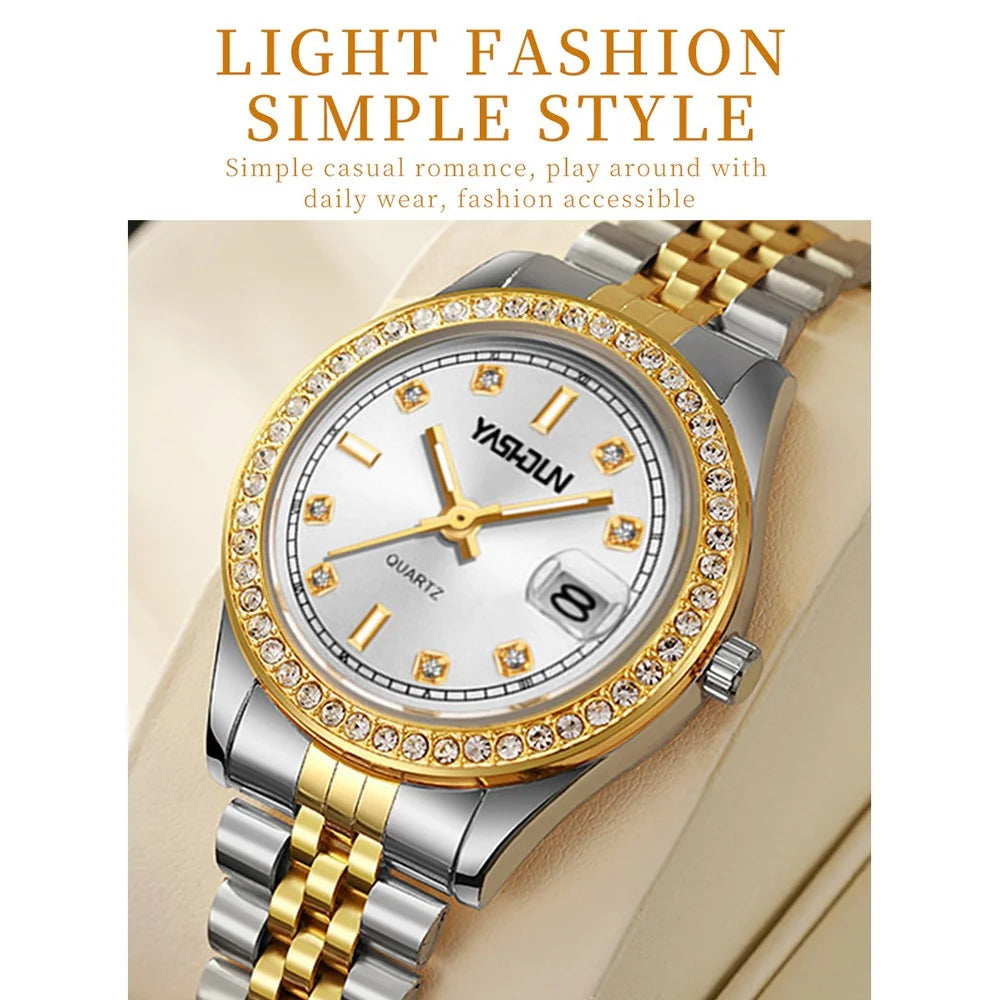 YASHIDUN 5068 Stylish Women Quartz Watch Steel Strap Rhinestone Decor Luminous Watch - White Dial - 6