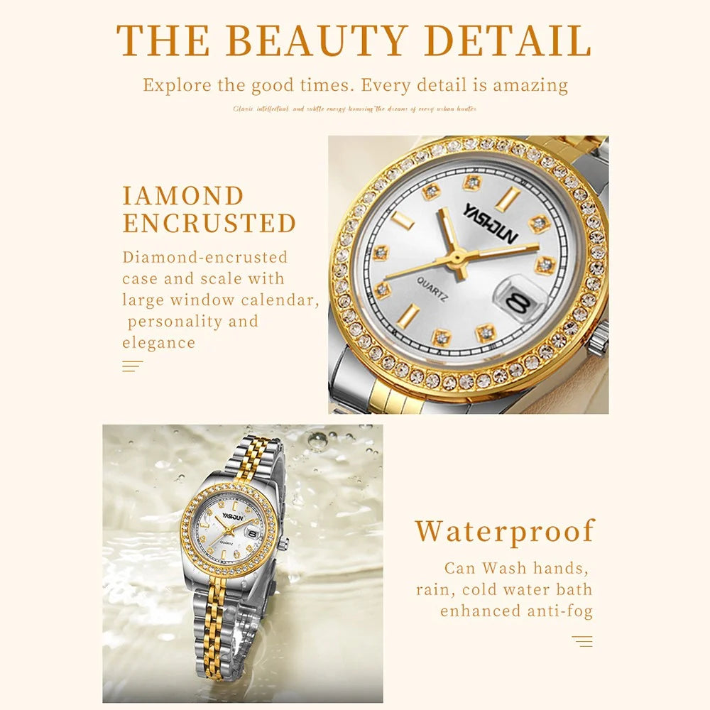 YASHIDUN 5068 Stylish Women Quartz Watch Steel Strap Rhinestone Decor Luminous Watch - White Dial - 7