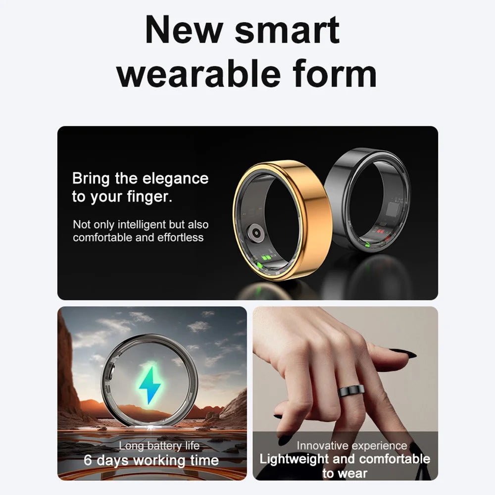 R02 IP68 Waterproof Sleep Tracker Blood Oxygen Heart Rate Monitor Smart Ring with Charging Case - Black / Size 8 - 3