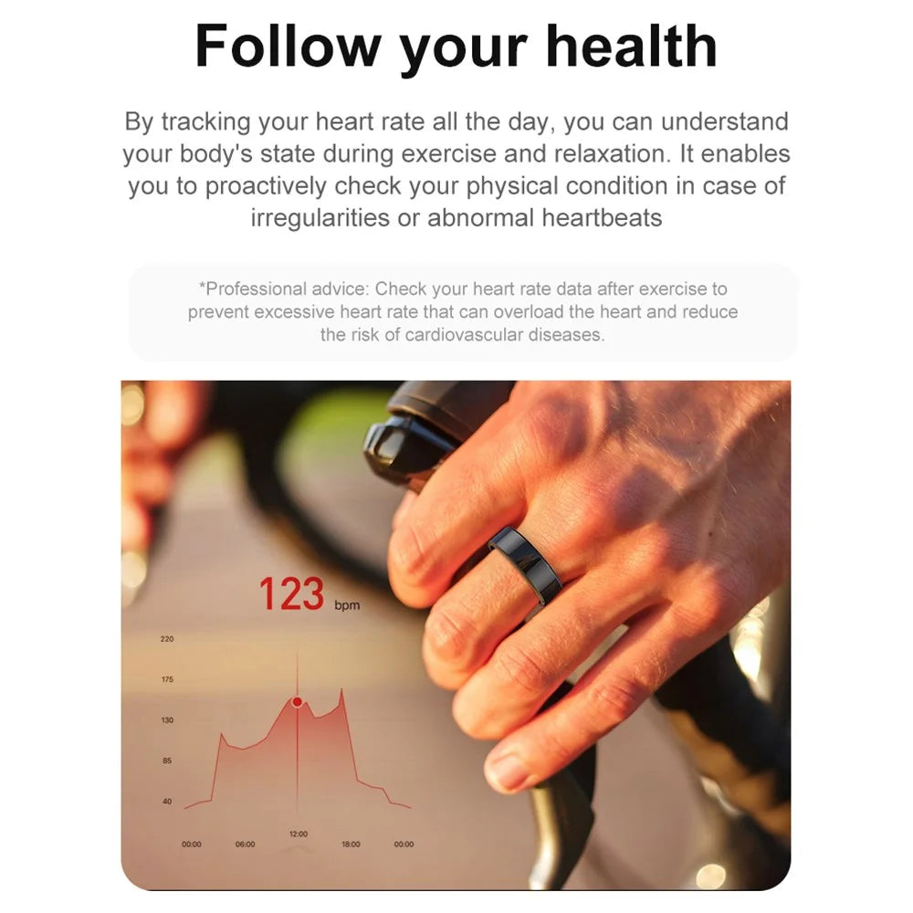 R02 IP68 Waterproof Sleep Tracker Blood Oxygen Heart Rate Monitor Smart Ring with Charging Case - Black / Size 8 - 5