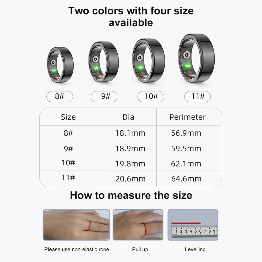 R02 IP68 Waterproof Sleep Tracker Blood Oxygen Heart Rate Monitor Smart Ring with Charging Case - Black / Size 8 - 7