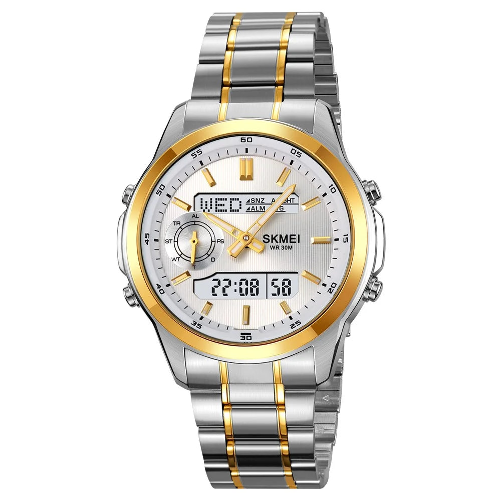 SKMEI 2284 Luxury Business Men Watch Dual Display Steel Band Quartz Wristwatch with LED Backlight - Gold Splicing - 1