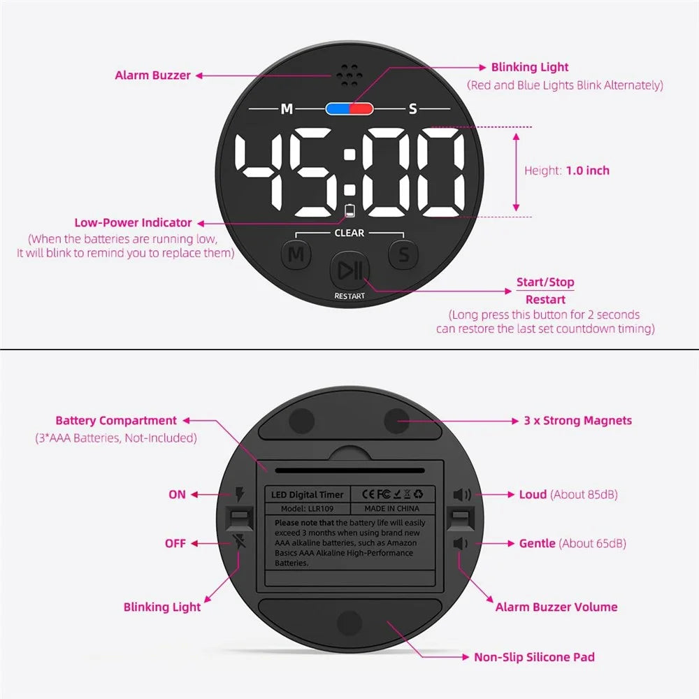 GL320 LLR109 Magnetic LED Timer Digital Display Countdown Clock for Kitchen Baking Timing Tool - White - 7