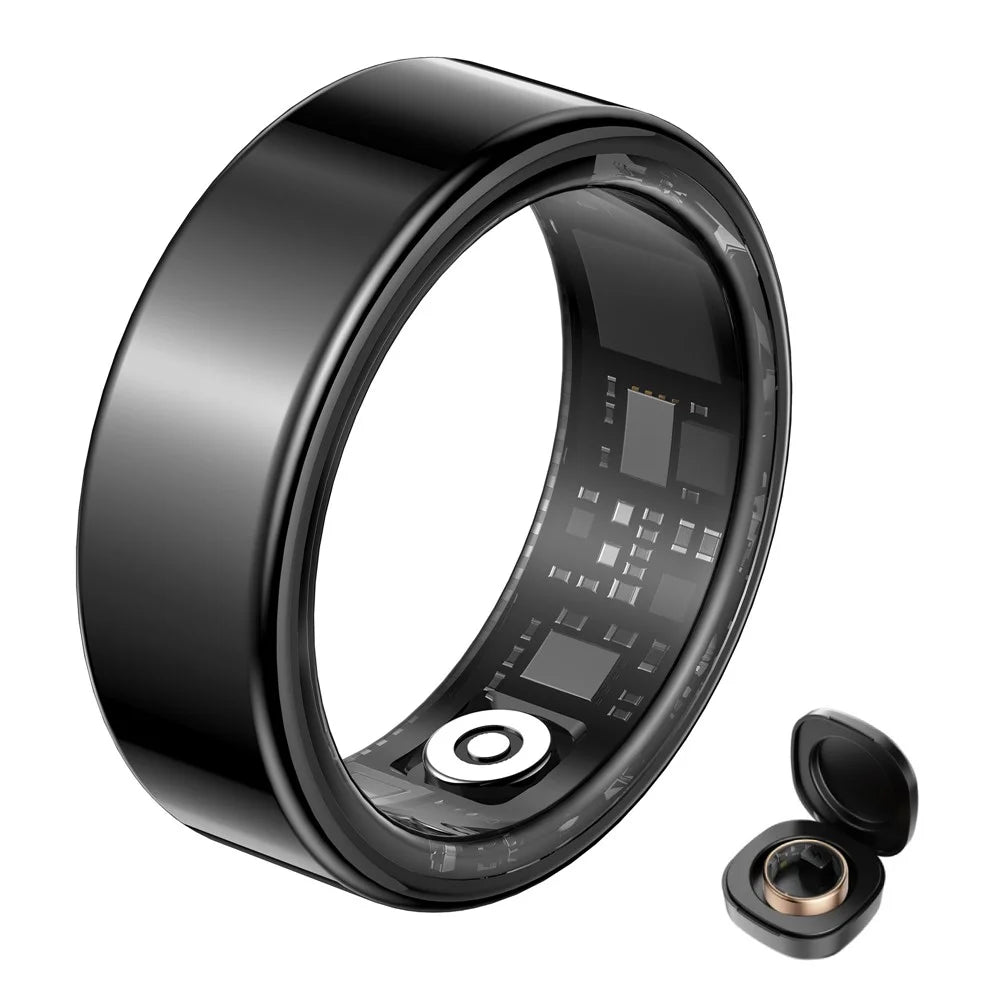 SY02 Solid Color Smart Ring Multifunction Sleep Tracker Blood Oxygen Heart Rate Monitor, with Charging Case - Black / Size 7 - 1