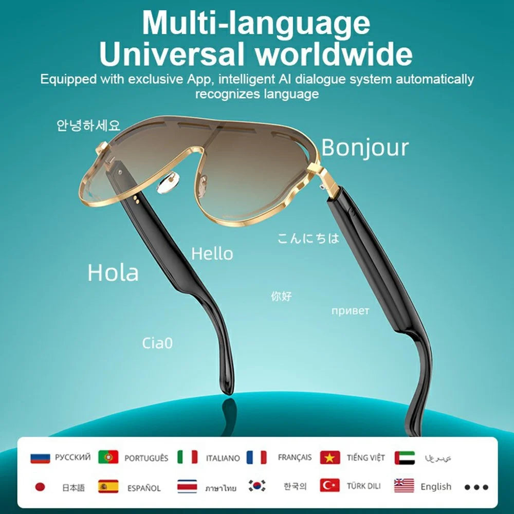 A17 Stainless Steel Large Frame Smart Glasses AI Translation Bluetooth-compatible Audio Sunglasses - Gold+Grey - 5