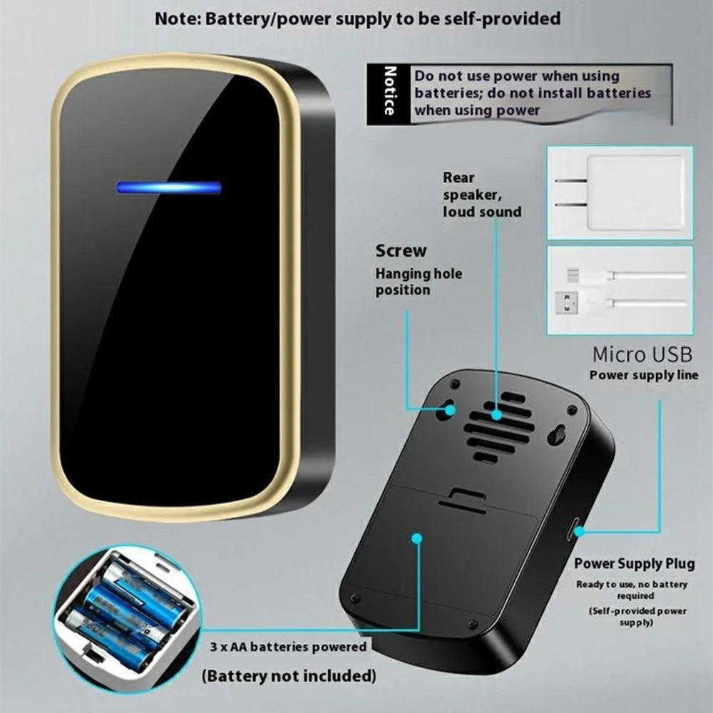 W906 300m Range Wireless Doorbell 60 Ringtones 5 Volume Levels Door Chime Kit, 1 Transmitter + 2 Receivers - White+Gold - 3