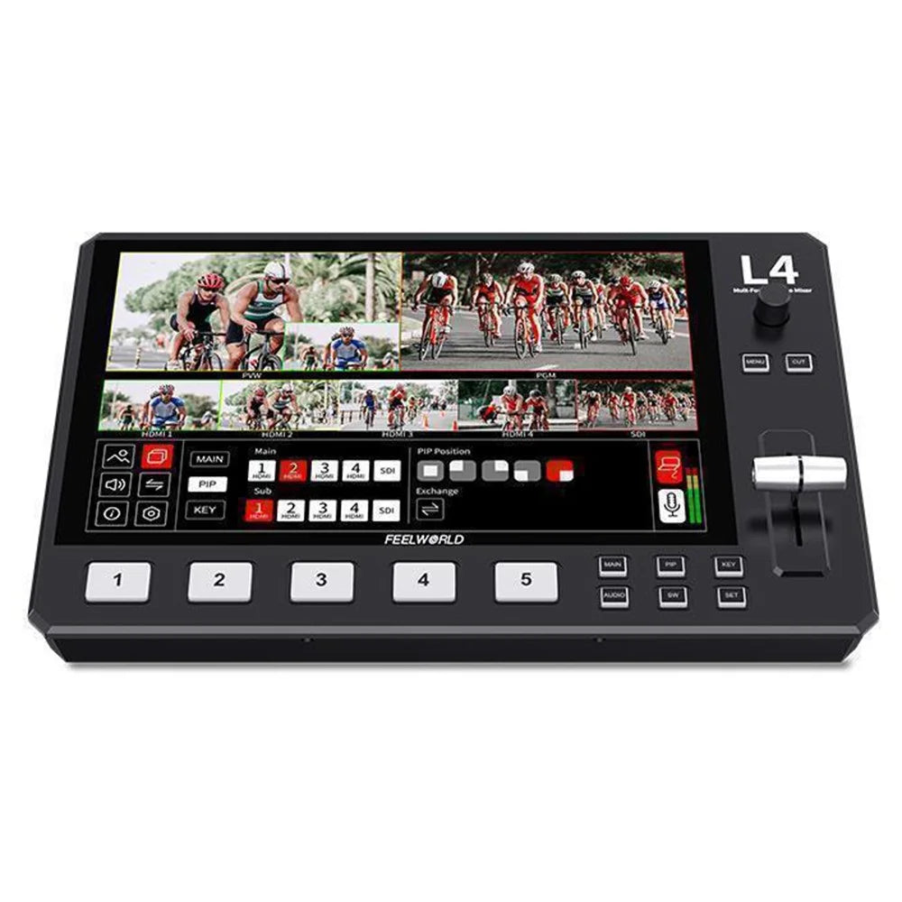 FEELWORLD L4 10.1-Inch Touch Screen HD SDI Video Switcher / Streaming Mixer / Multi-Camera Live Switcher for Professional Broadcasting - US Plug - 1