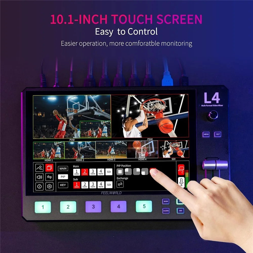 FEELWORLD L4 10.1-Inch Touch Screen HD SDI Video Switcher / Streaming Mixer / Multi-Camera Live Switcher for Professional Broadcasting - US Plug - 5