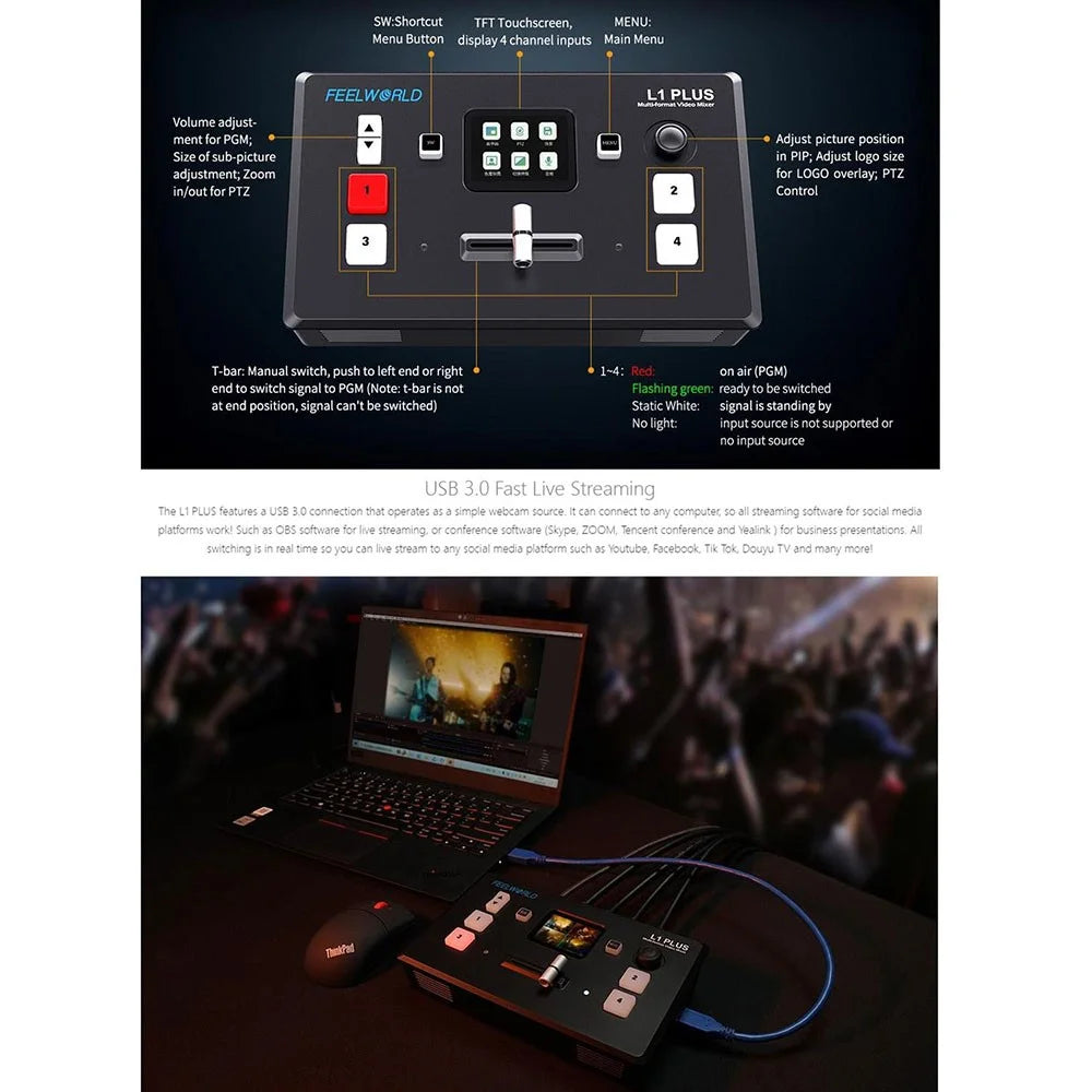 FEELWORLD L1 PLUS Video Switcher / PTZ Control / Chroma Key / Multi-Camera Live Production Mixer for Studio / Broadcasting - US Plug - 7