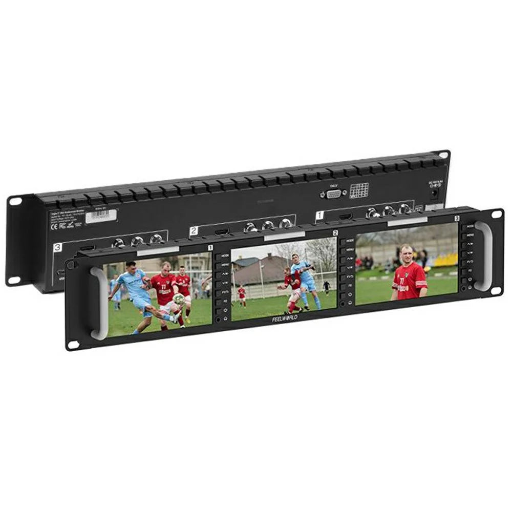 FEELWORLD T51 PLUS Triple 5.5 Inch IPS Screen SDI / 4K HD / AV 2RU Rack Mount Video Monitor - US Plug - 1
