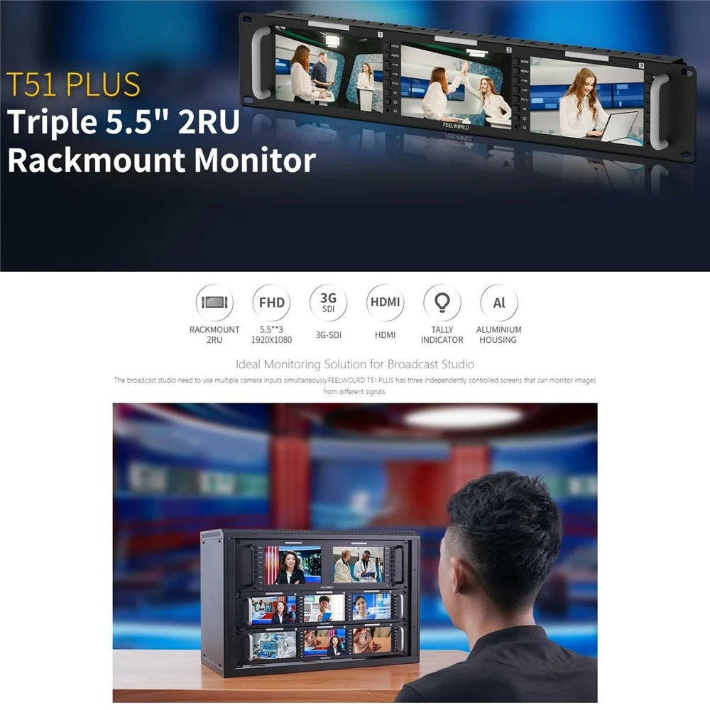 FEELWORLD T51 PLUS Triple 5.5 Inch IPS Screen SDI / 4K HD / AV 2RU Rack Mount Video Monitor - US Plug - 3