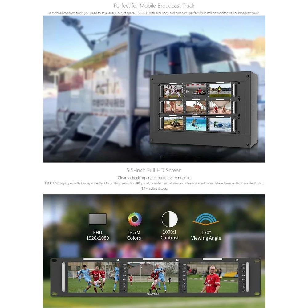 FEELWORLD T51 PLUS Triple 5.5 Inch IPS Screen SDI / 4K HD / AV 2RU Rack Mount Video Monitor - US Plug - 4