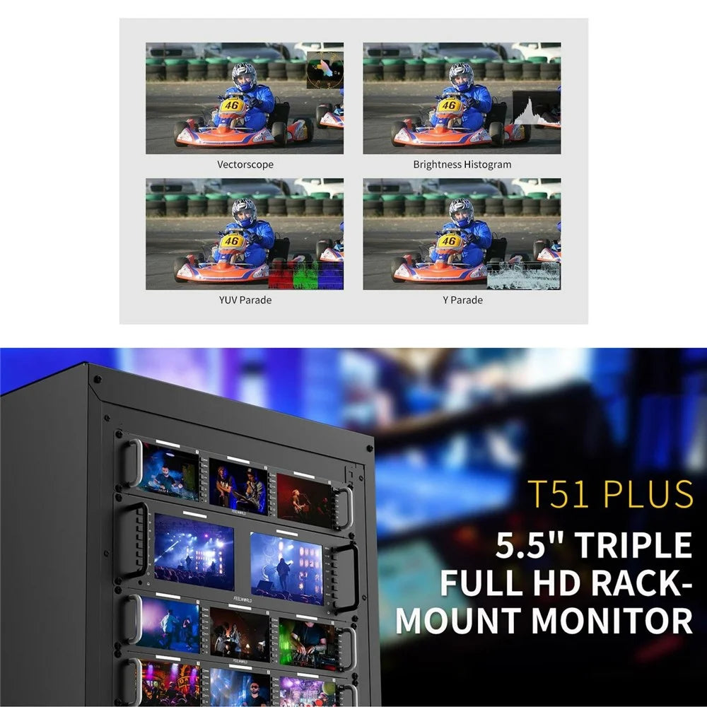 FEELWORLD T51 PLUS Triple 5.5 Inch IPS Screen SDI / 4K HD / AV 2RU Rack Mount Video Monitor - US Plug - 7