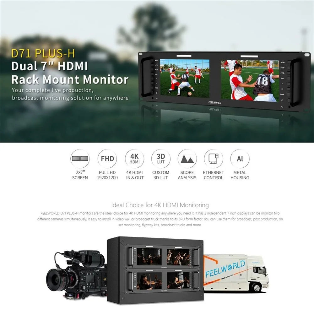 FEELWORLD D71 PLUS-H Dual 7 Inch 1920x1200 IPS Screen 3RU Rack Mount Monitor 4K HD / Waveform / Vector Scope - US Plug - 3