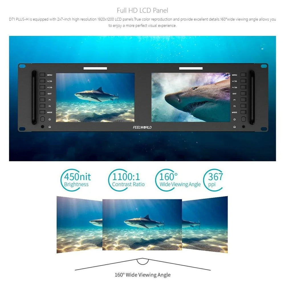 FEELWORLD D71 PLUS-H Dual 7 Inch 1920x1200 IPS Screen 3RU Rack Mount Monitor 4K HD / Waveform / Vector Scope - US Plug - 4