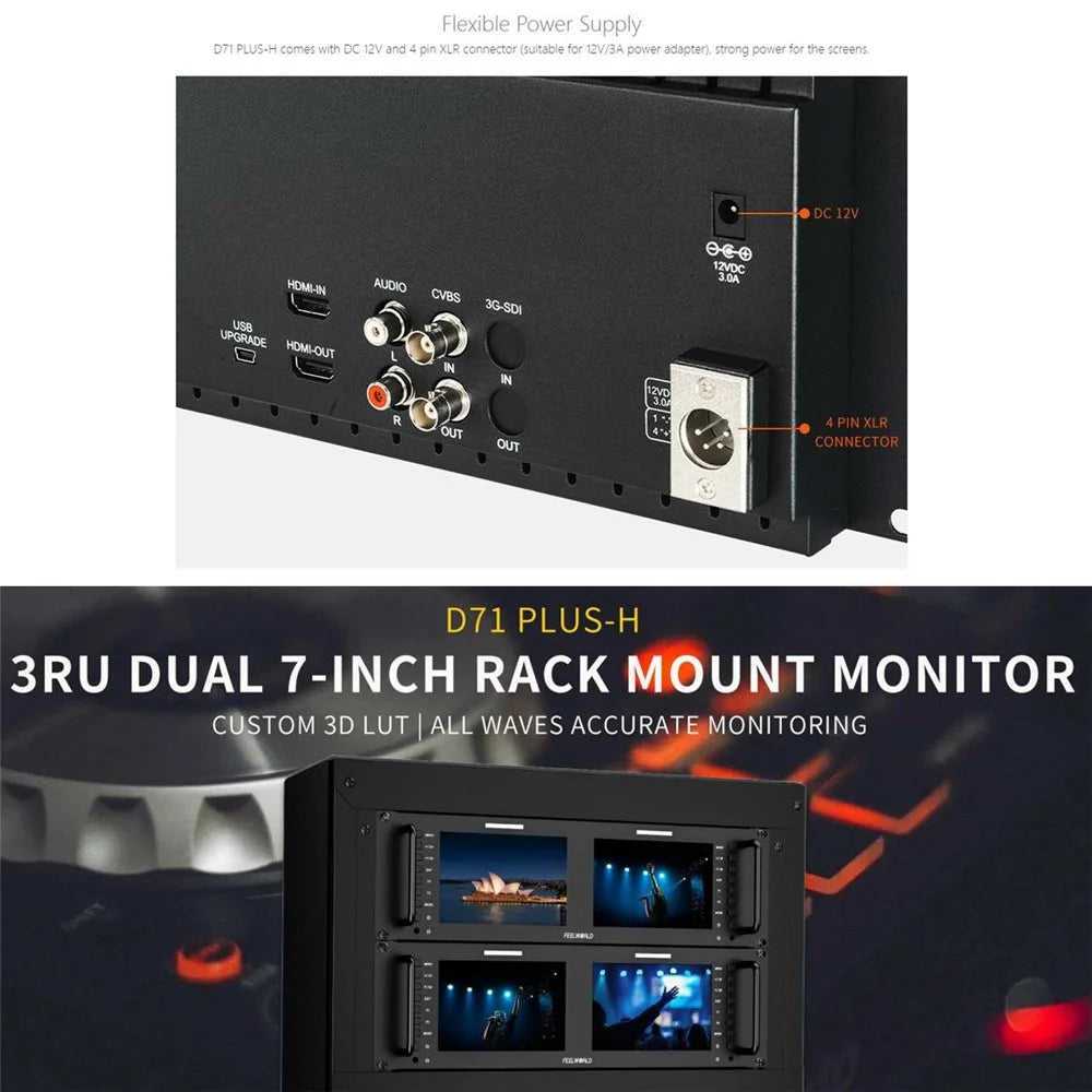 FEELWORLD D71 PLUS-H Dual 7 Inch 1920x1200 IPS Screen 3RU Rack Mount Monitor 4K HD / Waveform / Vector Scope - US Plug - 6
