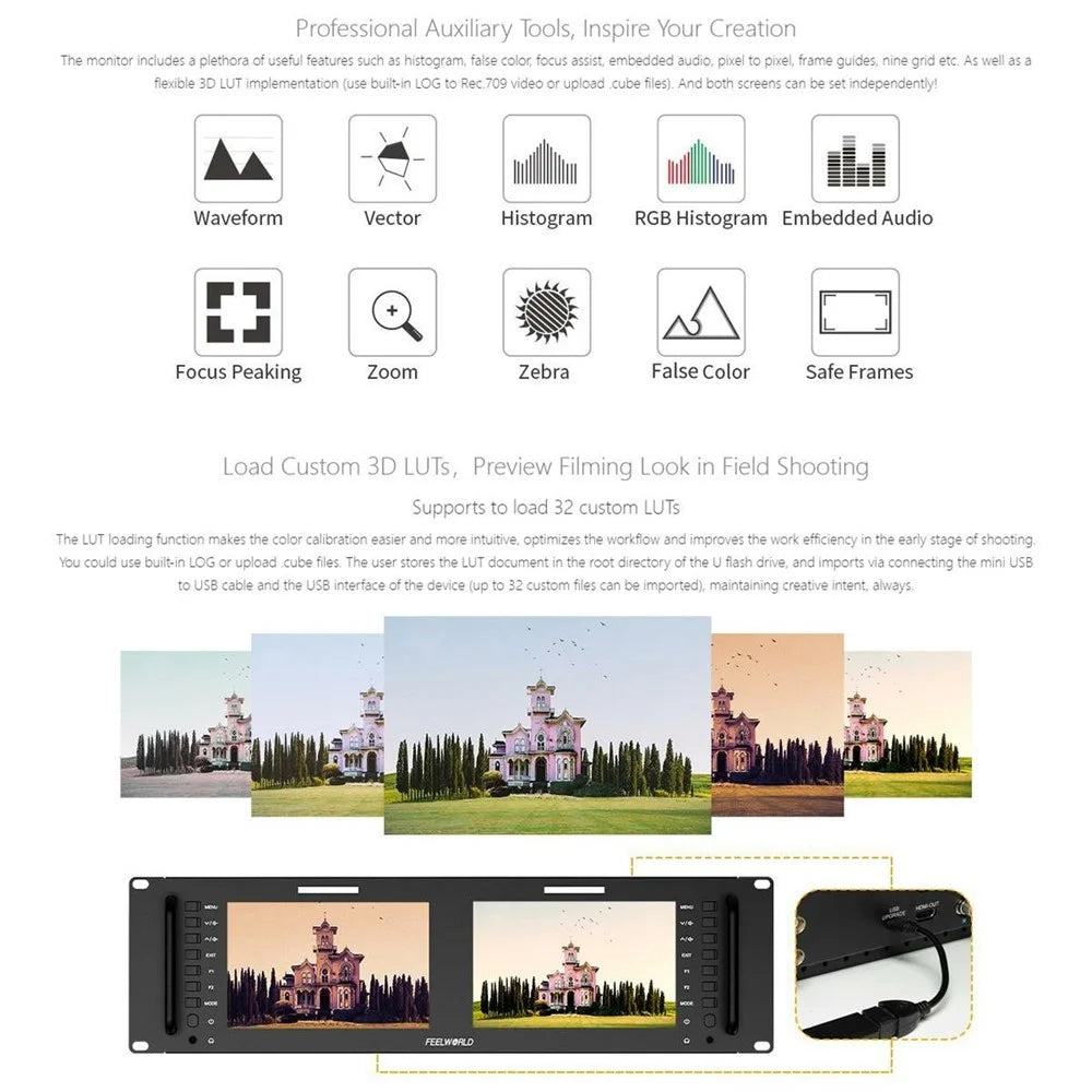 FEELWORLD D71 PLUS-H Dual 7 Inch 1920x1200 IPS Screen 3RU Rack Mount Monitor 4K HD / Waveform / Vector Scope - US Plug - 7