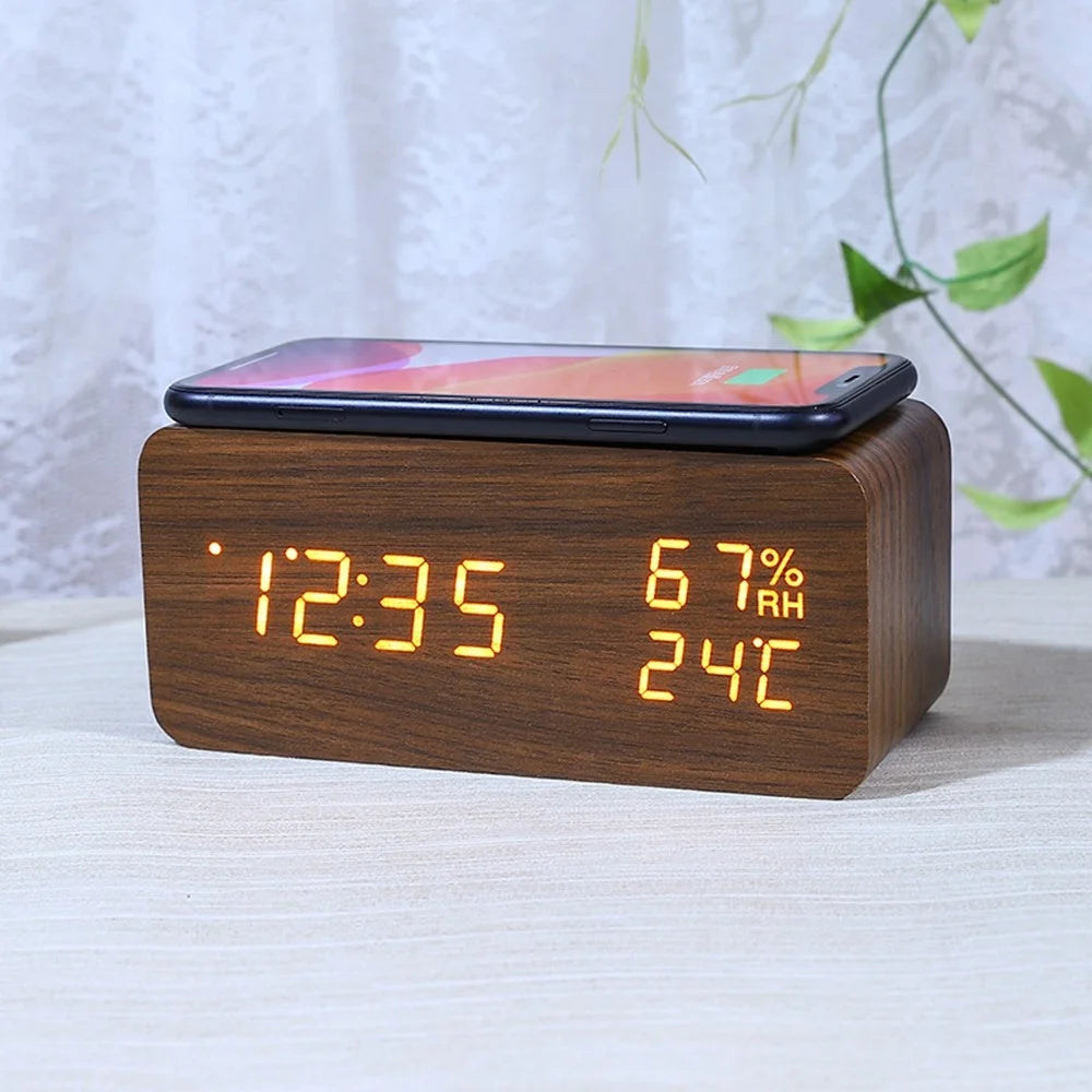 YC-9087 Wooden Digital LED Alarm Clock with Temperature Humidity Display Built-in Wireless Charging Pad (No Battery) - Brown Wood White Light - 2