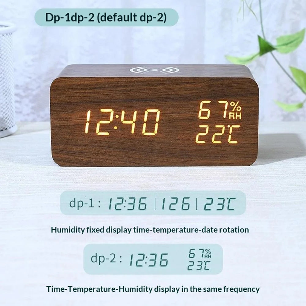 YC-9087 Wooden Digital LED Alarm Clock with Temperature Humidity Display Built-in Wireless Charging Pad (No Battery) - Brown Wood White Light - 4