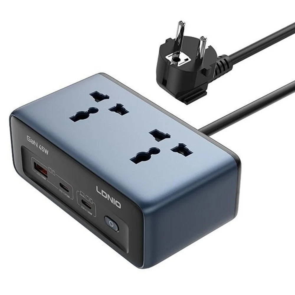 LDNIO SC1 5-in-1 GaN 45W Desktop Power Strip 2 AC Outlets 3 USB Ports USB-C PD Fast Charging Hub Station for Office Home - Blue / EU Plug - 1