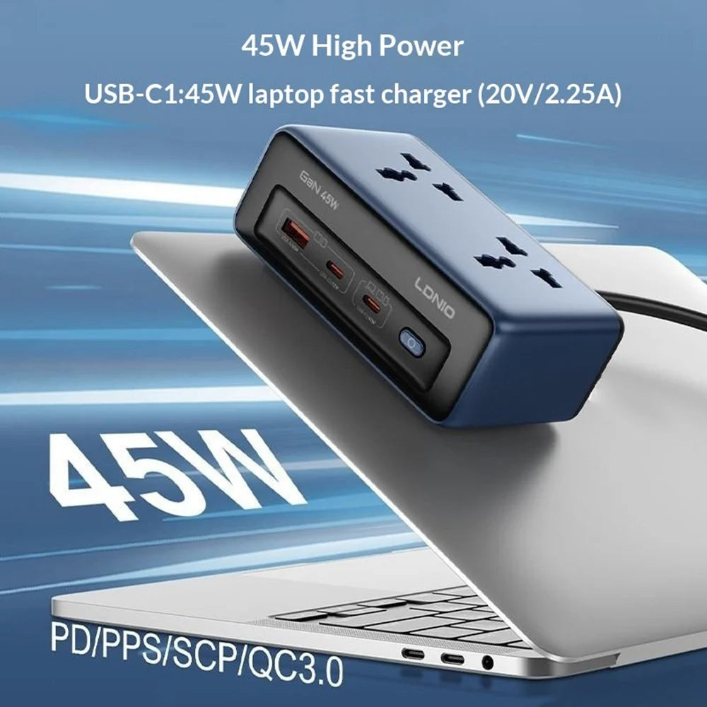 LDNIO SC1 5-in-1 GaN 45W Desktop Power Strip 2 AC Outlets 3 USB Ports USB-C PD Fast Charging Hub Station for Office Home - Blue / EU Plug - 2