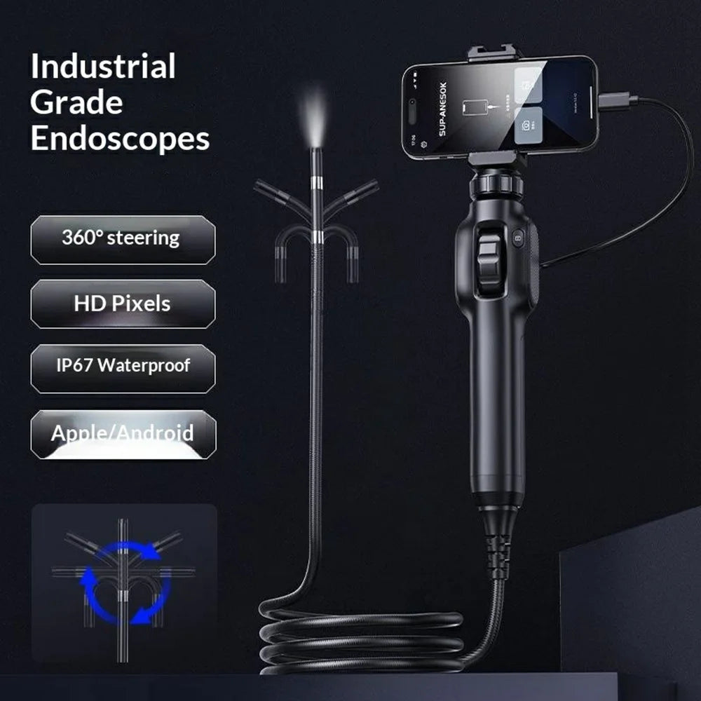 S43-OTG Industrial Endoscope with 2m Wire Cable 8.5mm Lens 360 Degree Rotating 2MP Borescope Camera for Pipeline Car Repair - Black - 2