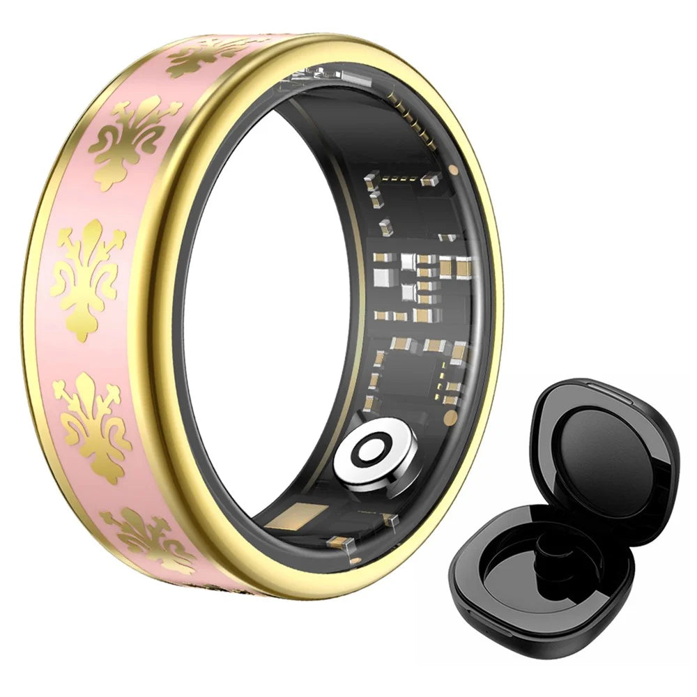 SY03 Smart Ring Health Monitor Enamel IP68 Waterproof Heart Rate Blood Oxygen Sleep Tracker with Charging Case - Gold Circle / Pink 7 - 1