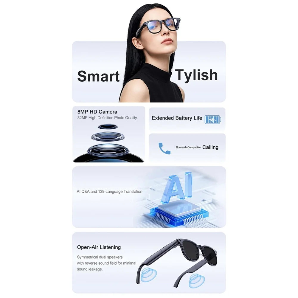 A2C Smart Glasses 8MP Camera AI Translation Bluetooth-compatible 6.0 EIS Stabilization with Dual Lens (Sunglasses + Clear Lens) - 3