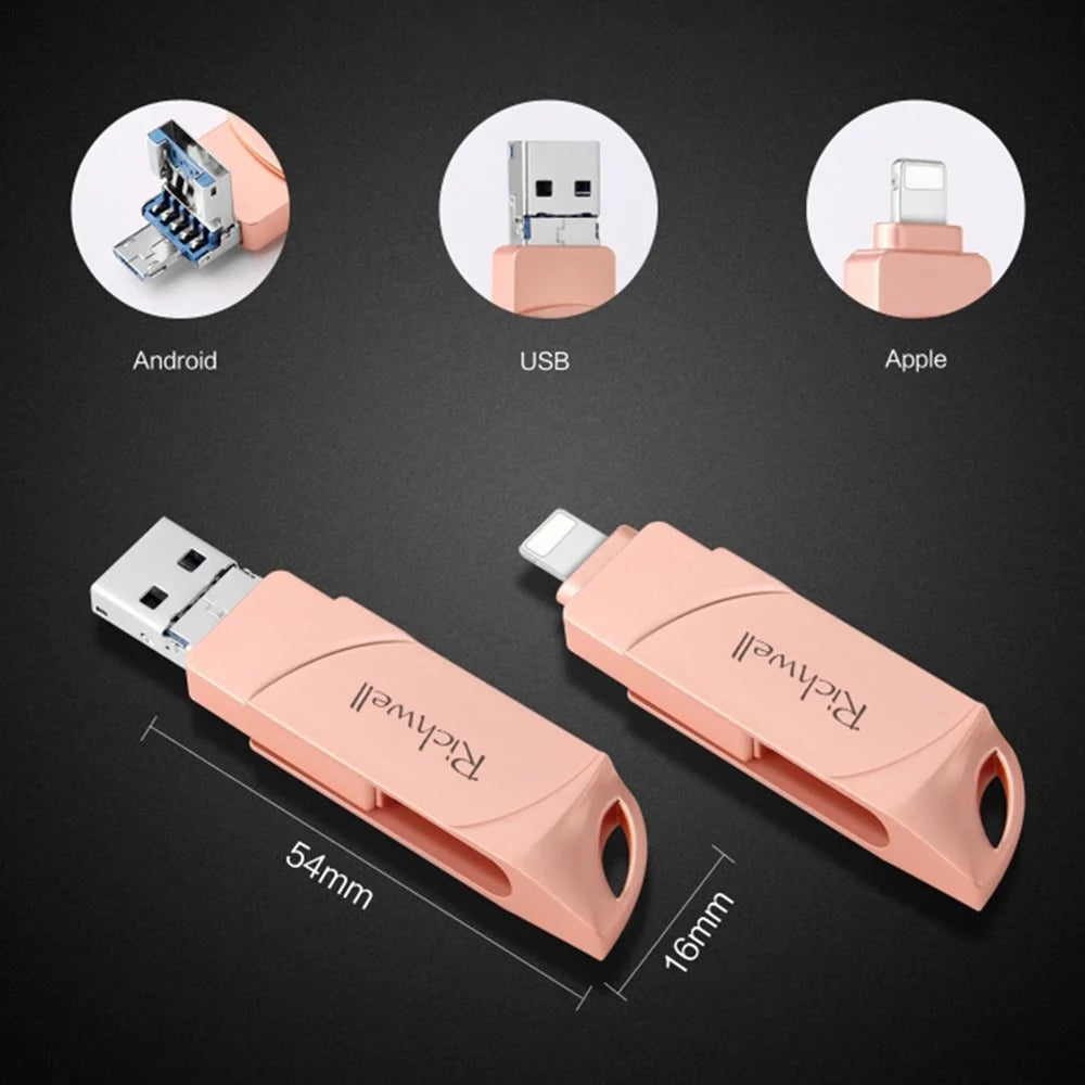 RICHWELL DN-PG31 8GB Metal Shell Flash Drive 3 in 1 Lightning/Micro/USB Swivel U Disk Memory Stick - Silver - 6