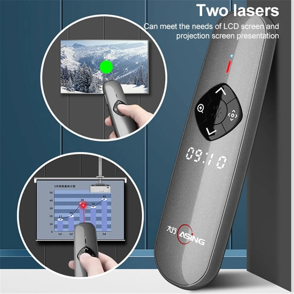 ASING A8 128G 2.4GHz Wireless Presenter Remote for PowerPoint Pointer Presentation Clicker Laser Page Turning Pen with LED Display for Business Teaching (Physical Green Light + Digital Laser) - 2