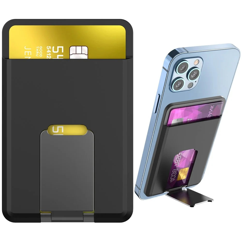 AHASTYLE PT133-H Magnetic Card Holder for iPhone 14 / 13 / 12 Series, Card Pocket Phone Stand Bracket - Black - 1
