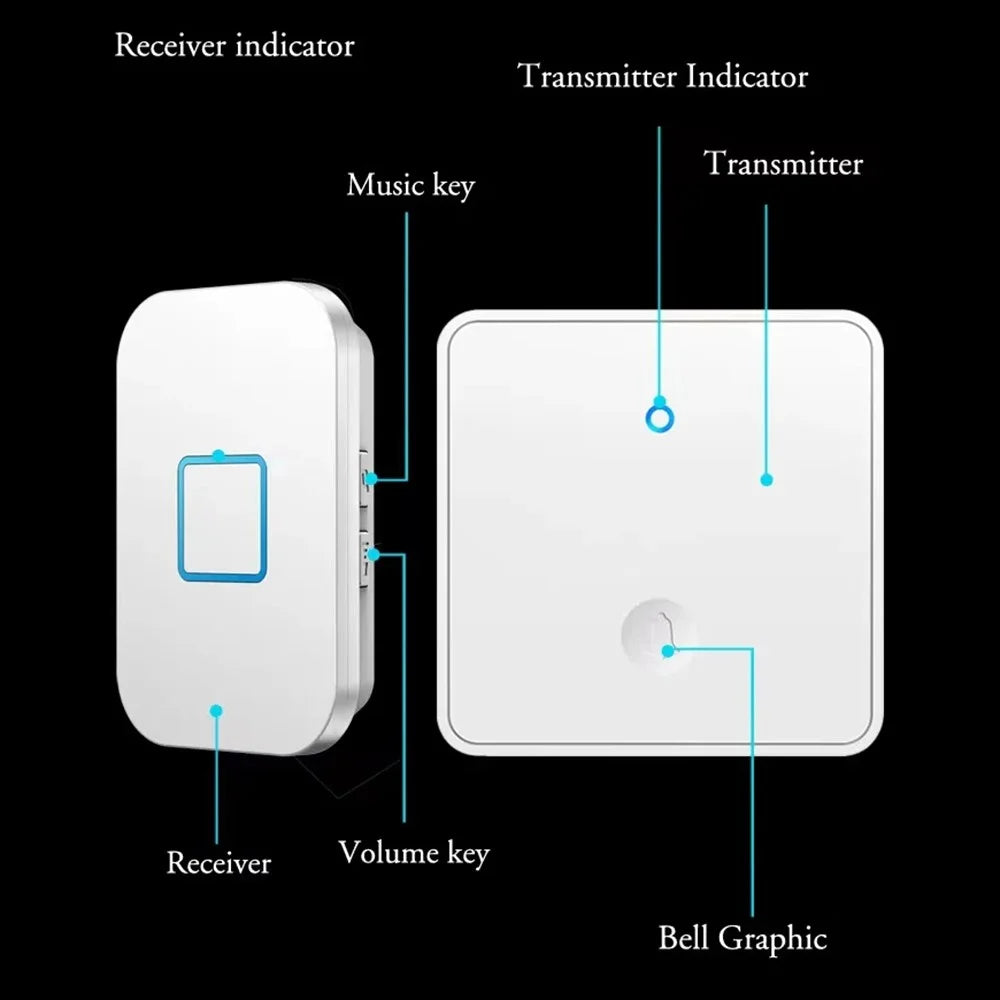 CACAZI FA88 Adjustable Volume Door Bell Kit Type 86 Big Panel Button Wireless Doorbell with 1 Transmitter+1 Receiver - Black / UK Plug - 7