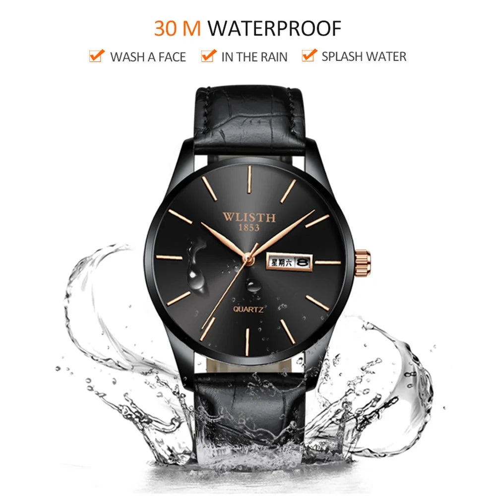 WLISTH S512 No Number Dial Date Week Display Luminous Quartz Wrist Watch - Black Case+Black Dial+Black Steel Strap - 3