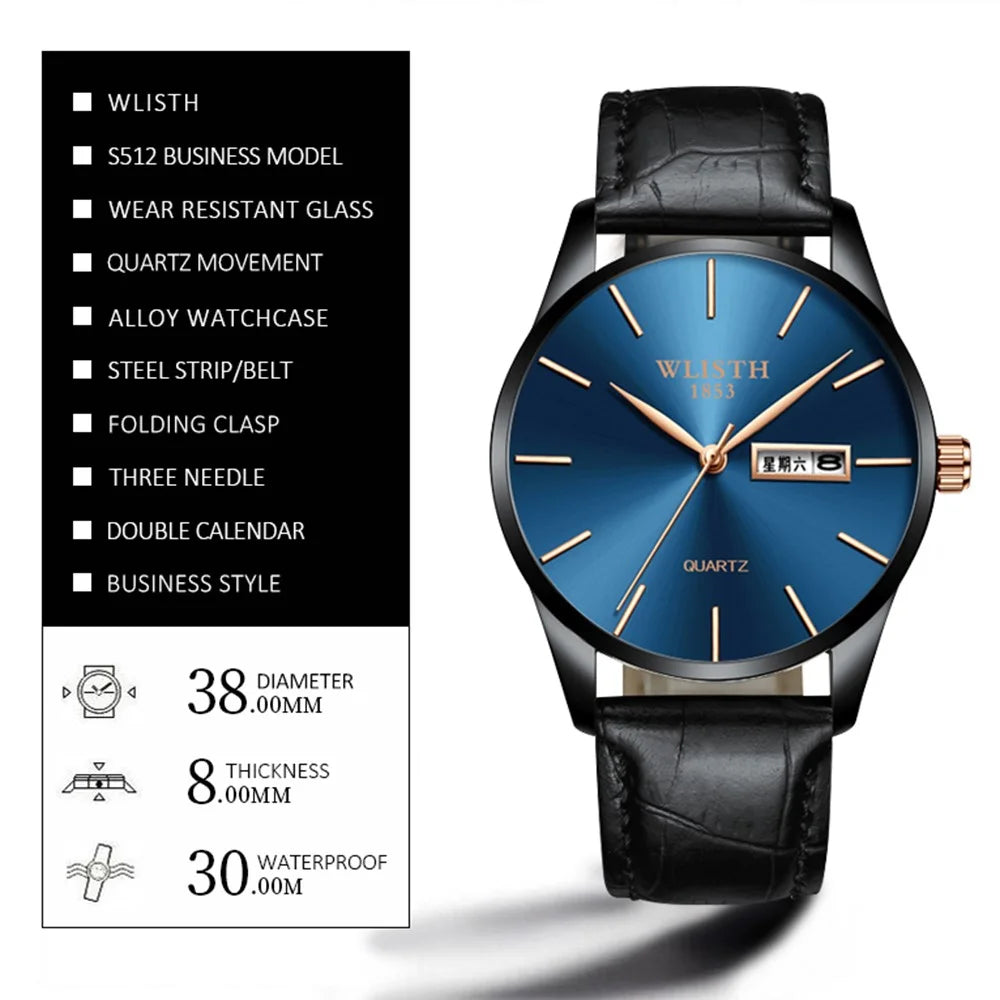 WLISTH S512 No Number Dial Date Week Display Luminous Quartz Wrist Watch - Black Case+Black Dial+Black Steel Strap - 6