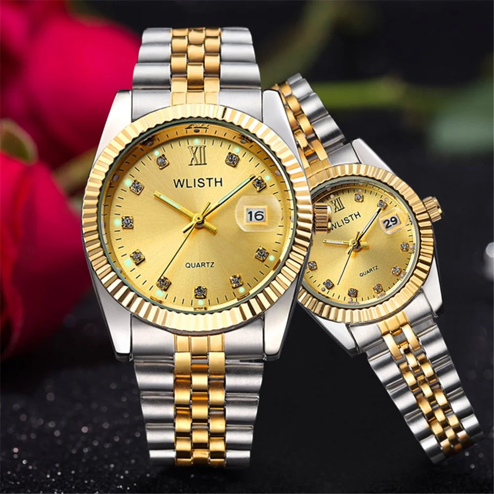 WLISTH Q354 Calendar Display Luminous Couple Quartz Watch with Steel Strap - Gold Splicing Strap+White Dial / Men - 3