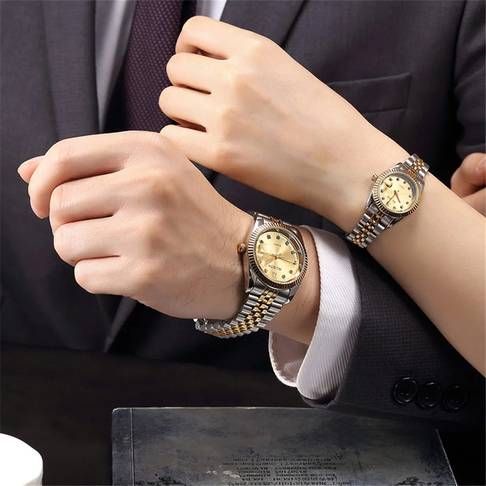 WLISTH Q354 Calendar Display Luminous Couple Quartz Watch with Steel Strap - Gold Splicing Strap+White Dial / Men - 4