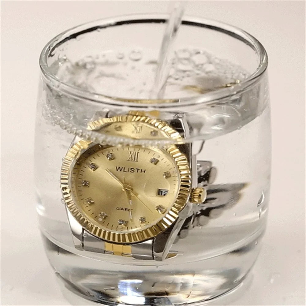 WLISTH Q354 Calendar Display Luminous Couple Quartz Watch with Steel Strap - Gold Splicing Strap+White Dial / Men - 5