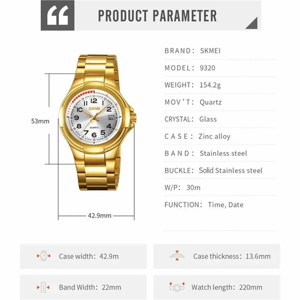 SKMEI 9320 Vintage Date Display Luminous Pointer Quartz Watch with Stainless Steel Strap - Black+Black - 7