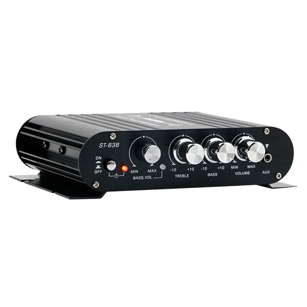 ST-838 15x12x3.5cm Audio Sound Power Amplifier Hifi Sound Stereo Receiver with 2A Power Adapter - US Plug / Black - 1