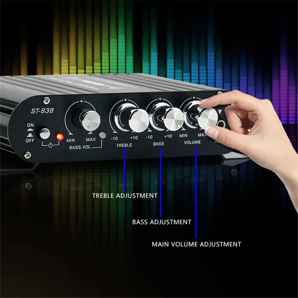 ST-838 15x12x3.5cm Audio Sound Power Amplifier Hifi Sound Stereo Receiver with 2A Power Adapter - US Plug / Black - 2