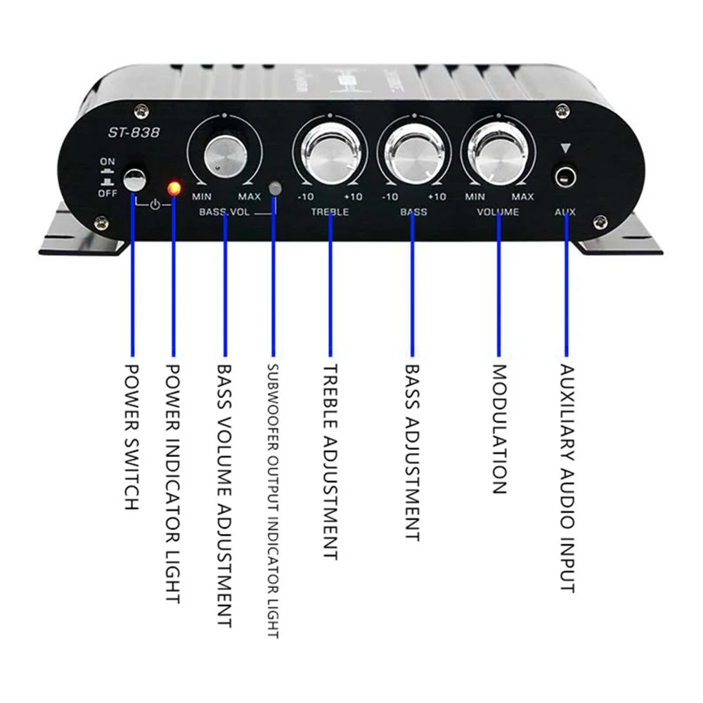 ST-838 15x12x3.5cm Audio Sound Power Amplifier Hifi Sound Stereo Receiver with 2A Power Adapter - US Plug / Black - 4