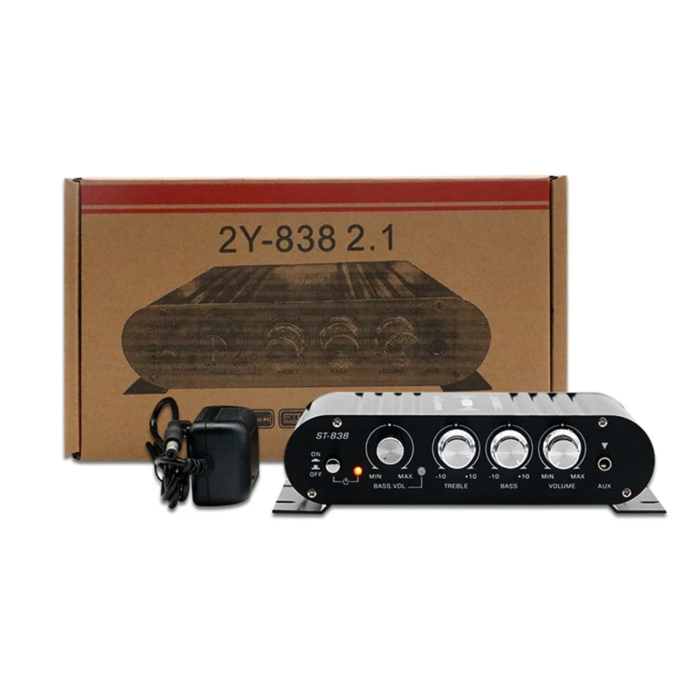 ST-838 15x12x3.5cm Audio Sound Power Amplifier Hifi Sound Stereo Receiver with 2A Power Adapter - US Plug / Black - 7