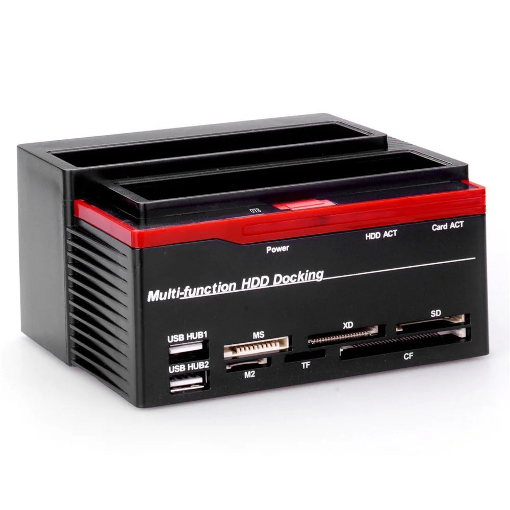 892U2lS For 2.5''/3.5'' HDD IDE SSD SATA I/II/III USB 2.0 to SATA IDE Dual Slots Hard Drive Multifunctional HDD Docking Station with Card Reader - EU Plug - 2