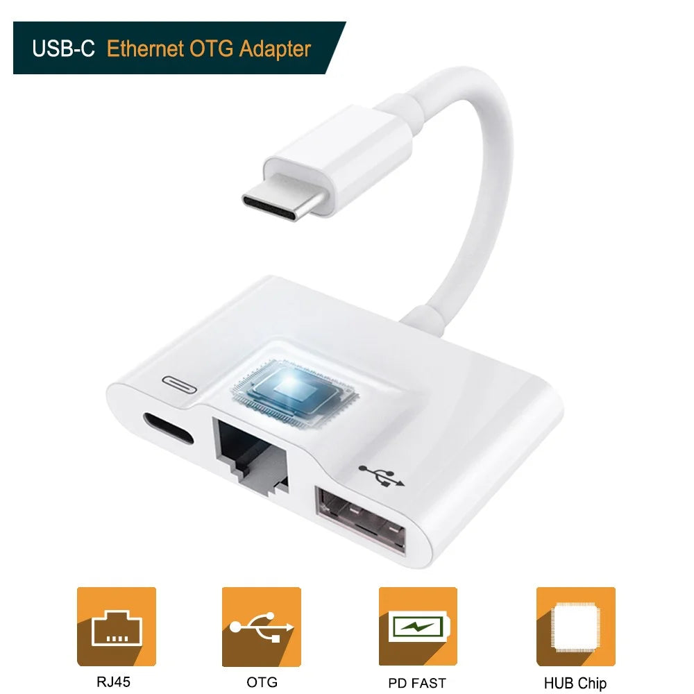 Type-C to RJ45 Ethernet OTG Adapter Wired LAN Card Ethernet USB OTG HUB HD Video Adapter - White - 1