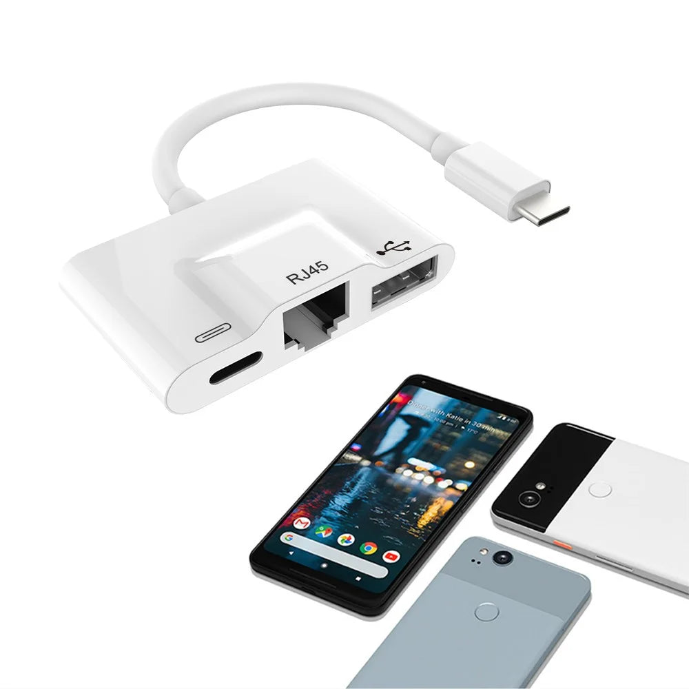 Type-C to RJ45 Ethernet OTG Adapter Wired LAN Card Ethernet USB OTG HUB HD Video Adapter - White - 2