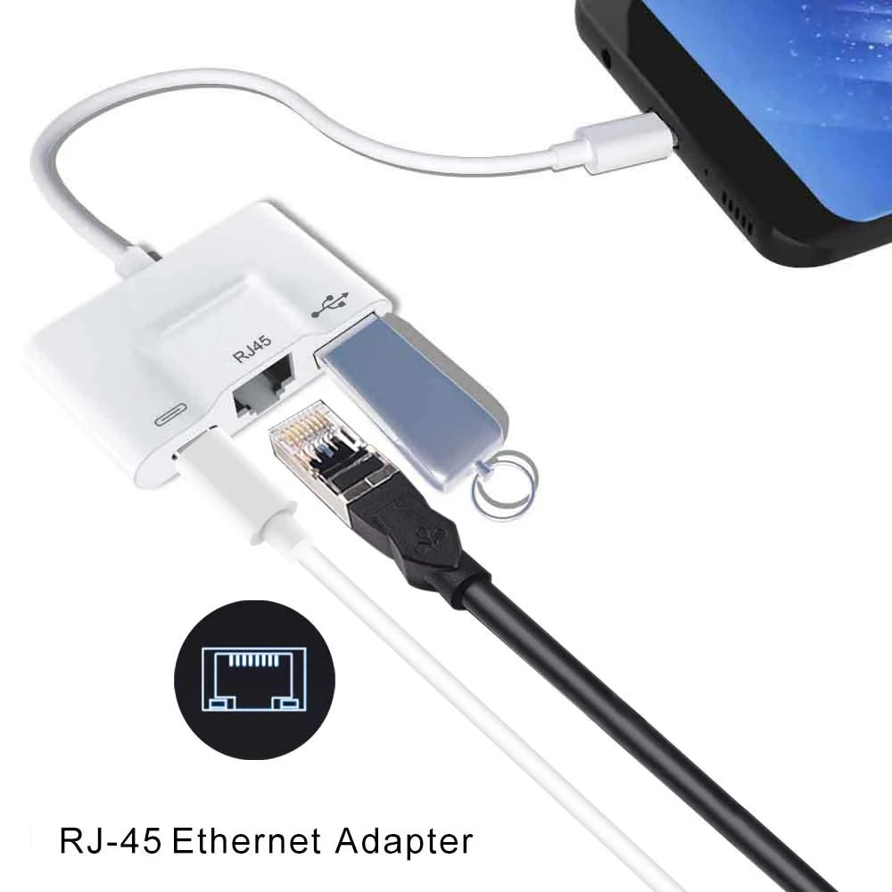 Type-C to RJ45 Ethernet OTG Adapter Wired LAN Card Ethernet USB OTG HUB HD Video Adapter - White - 3