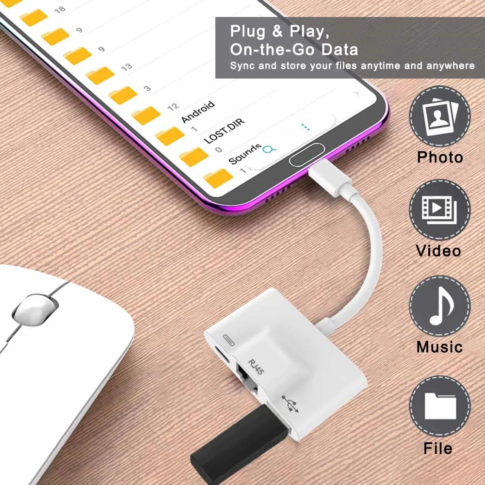 Type-C to RJ45 Ethernet OTG Adapter Wired LAN Card Ethernet USB OTG HUB HD Video Adapter - White - 5